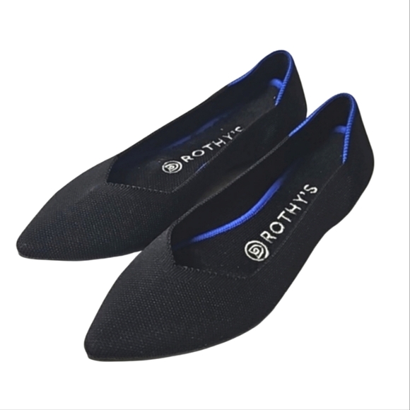 Rothys The point black pointed toe flats blue edges women's size 7.5 - Picture 1 of 11